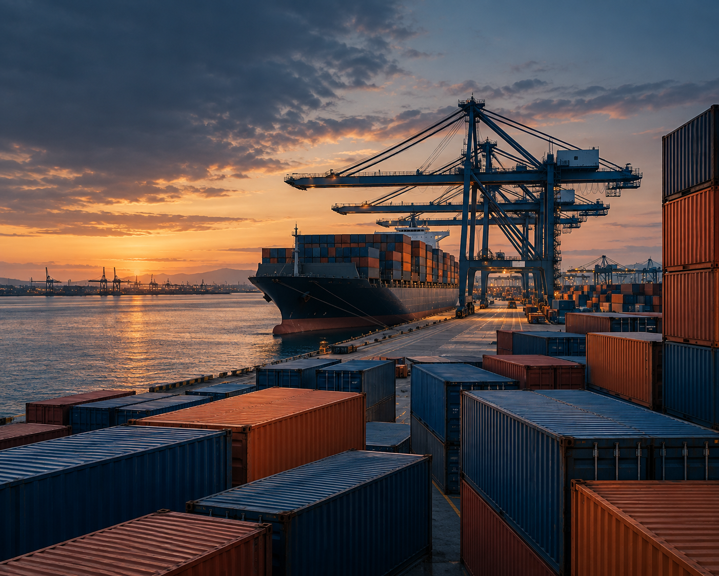 Contenedores de carga y un buque en un puerto internacional al atardecer